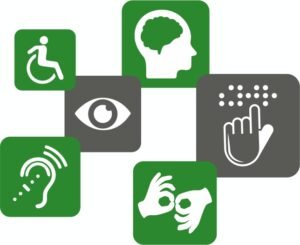Collage of accessibility symbols: wheelchair, brain, eye, braille, ear, and sign language hands.